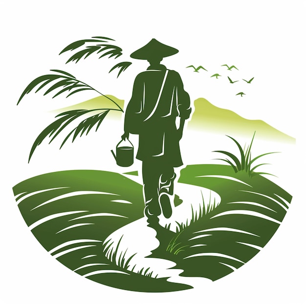 Vector logo of man going to rice field isolated