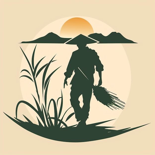 Vector logo of man going to rice field isolated