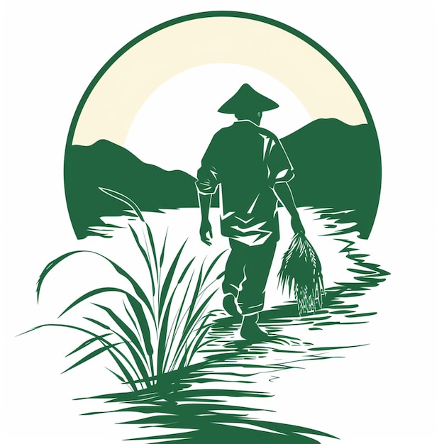 Vector logo of man going to rice field isolated