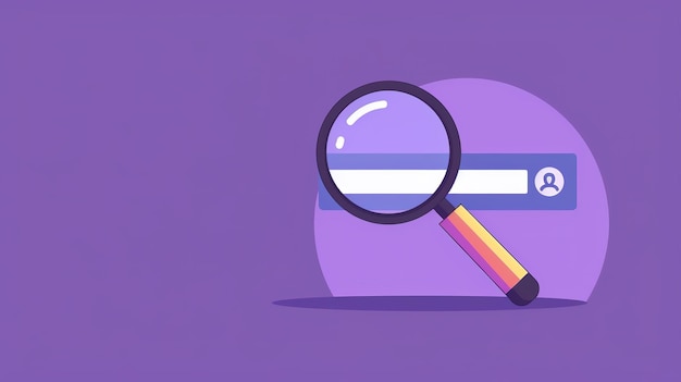 Vector of a magnifying glass over a search bar representing product search on a solid purple background