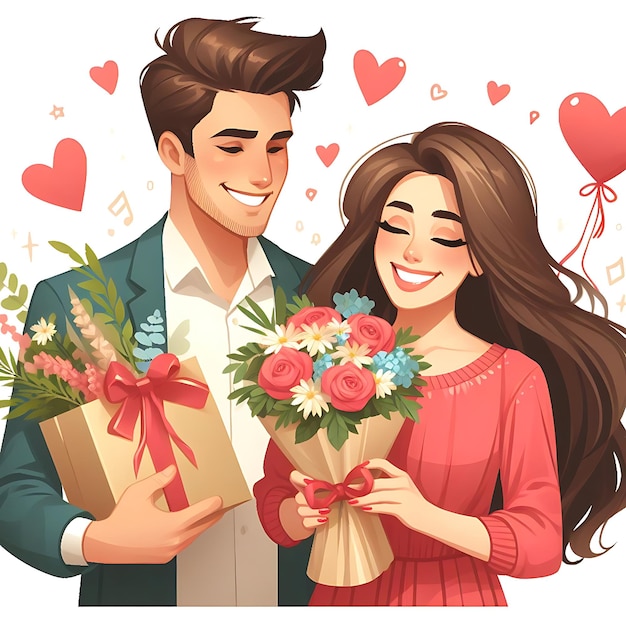 vector a man and woman holding flowers and a woman holding flowers