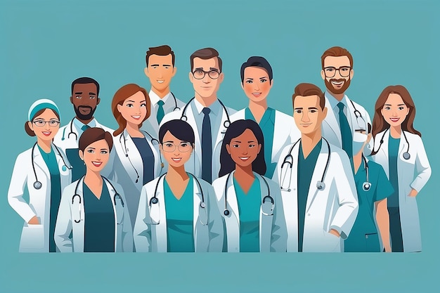 Vector of a medical staff group of confident doctors and nurses