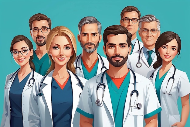 Vector of a medical staff group of confident doctors and nurses