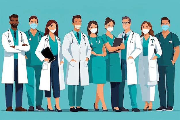 Vector of a medical staff group of confident doctors and nurses