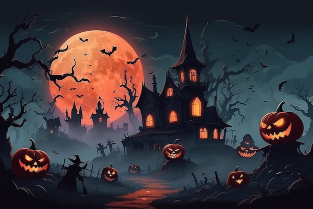 vector mystical illustration background fog on background bloody moon with silhouettes of scary characters pumpkin