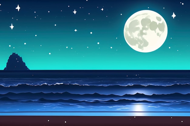 Photo vector night ocean landscape full moon and stars shine