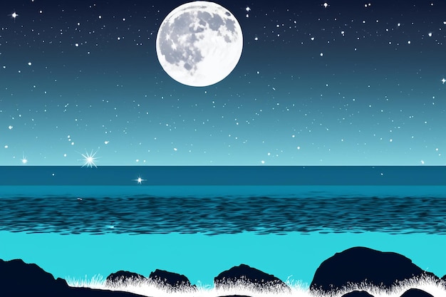 Photo vector night ocean landscape full moon and stars shine