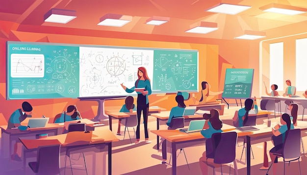 Vector Online Learning Concept depicting a modern classroom environment