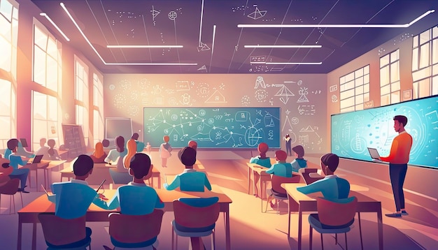 Vector Online Learning Concept depicting a modern classroom environment