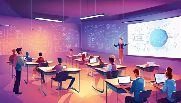 Vector Online Learning Concept depicting a modern classroom environment