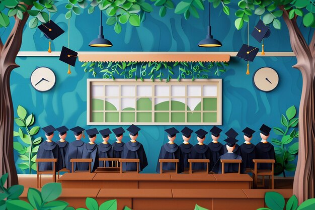 Photo vector paper cut illustration of graduation in a school classroom students in graduation attire school pride on display