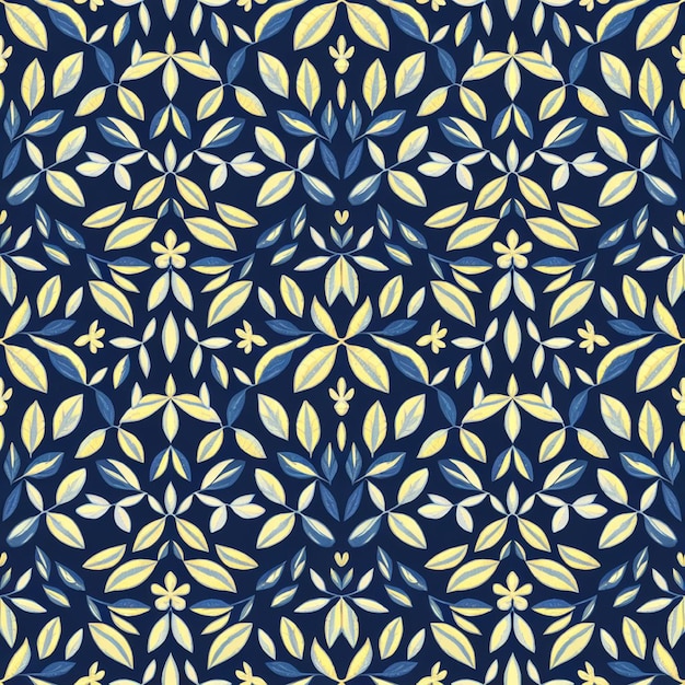 Photo vector pattern with a dark blue background and a repeating pattern of blue and yellow leaves