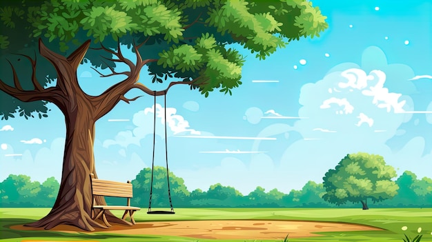 vector photo a garden that has a big tree and a swing Generate AI