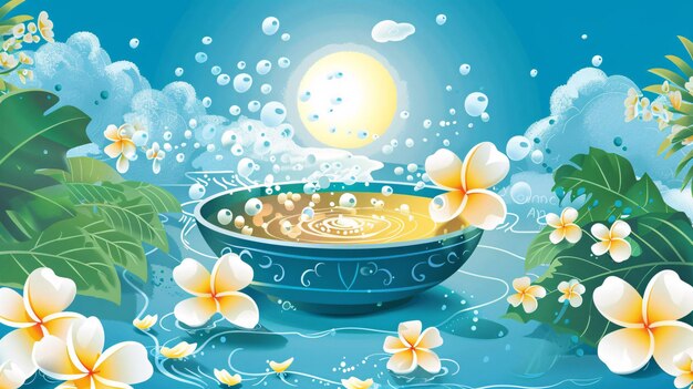 Vector poster design for Songkran water festival showcasing a bowl with flowers in water lively splashes tropical green foliage white flowers and a blue circle display background with sunny