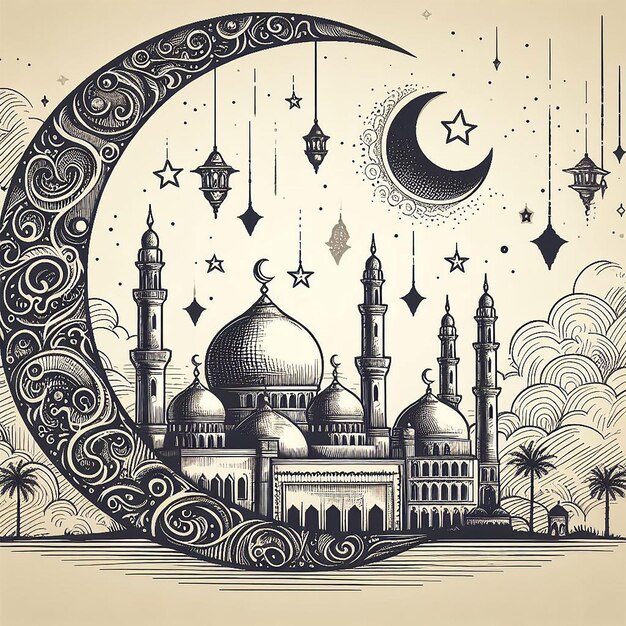 Photo vector ramadan kareem islamic moon and mosque sketch card background