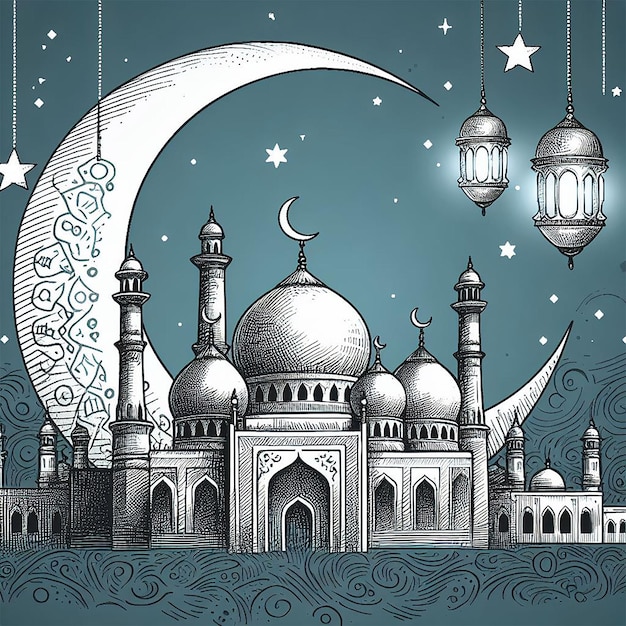 vector ramadan kareem islamic moon and mosque sketch card background