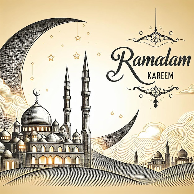 vector ramadan kareem islamic moon and mosque sketch card background