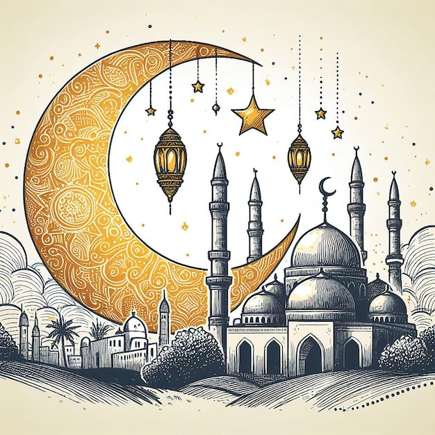 vector ramadan kareem islamic moon and mosque sketch card background