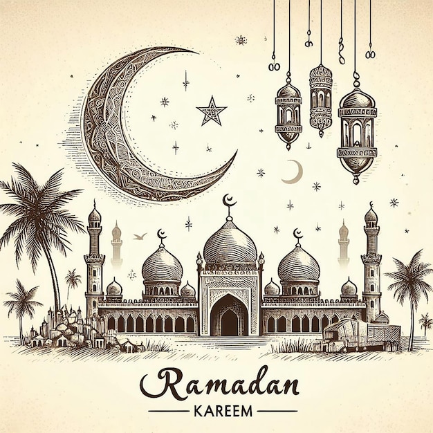 vector ramadan kareem islamic moon and mosque sketch card background