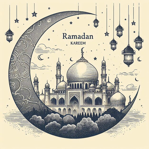 Photo vector ramadan kareem islamic moon and mosque sketch card background