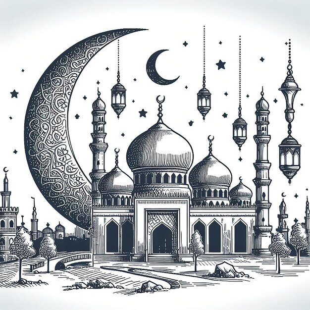 vector ramadan kareem islamic moon and mosque sketch card background