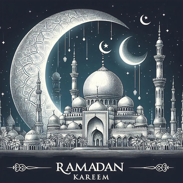 vector ramadan kareem islamic moon and mosque sketch card background