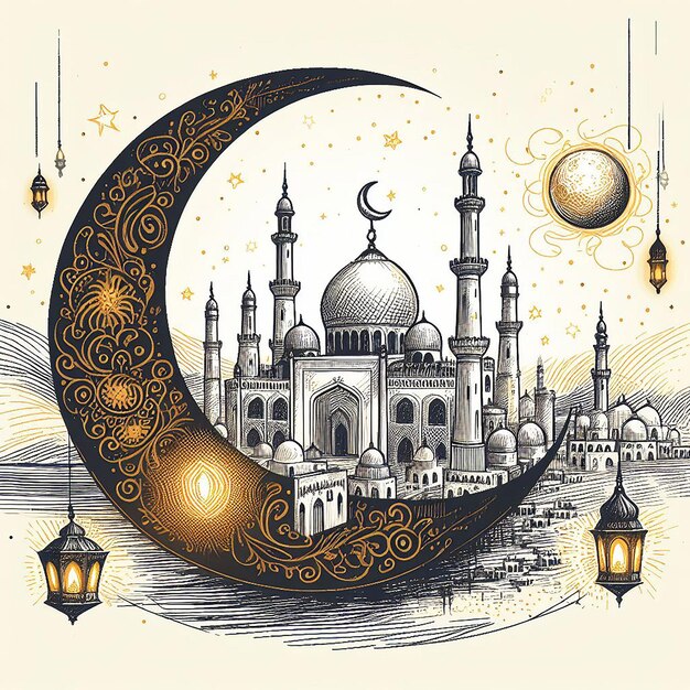 vector ramadan kareem islamic moon and mosque sketch card background