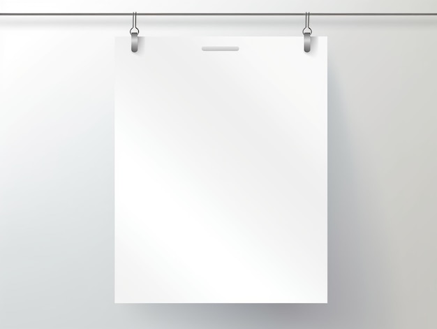 Photo vector realistic white blank a4 paper poster hanging on a rope with clip