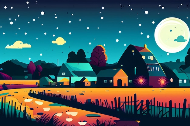 vector rural view at night