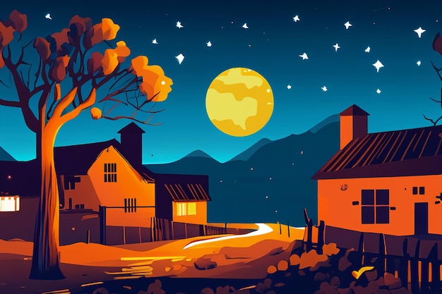 vector rural view at night