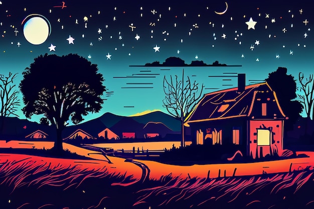 vector rural view at night