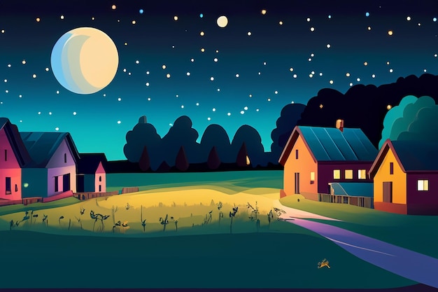 vector rural view at night