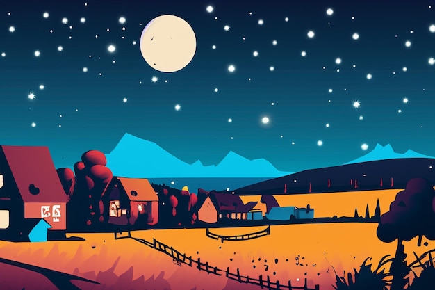 vector rural view at night