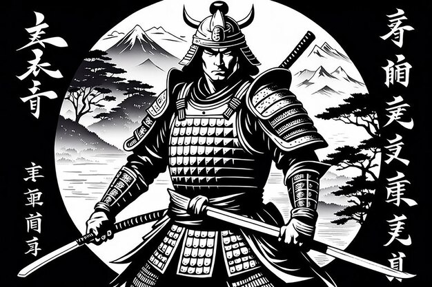 Vector samurai vintage monochrome print with letterings and Japanese warrior holding katana