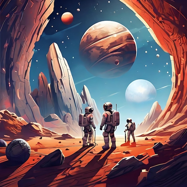 Photo vector scifi astronaut team exploring a new planet