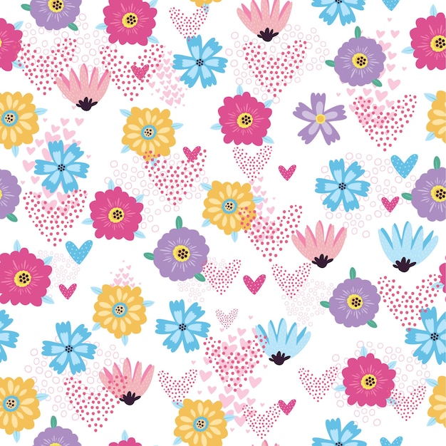 vector seamless pattern with flowers and hearts