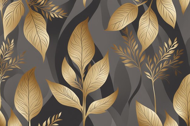 Vector seamless pattern with gold and black tropical leaves on dark background