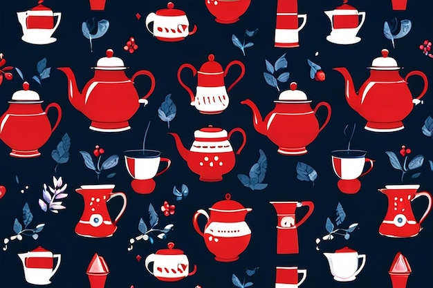 Vector seamless pattern with red coffeepots on dark blue background