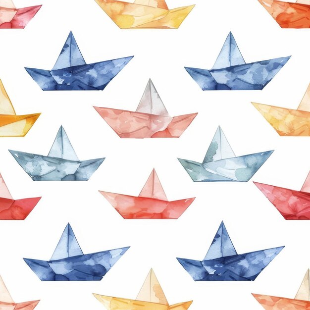 Vector seamless pattern with watercolor paper boats on white background stock illustration