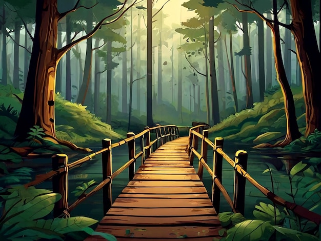 vector Serene forest bridge illustration isolated