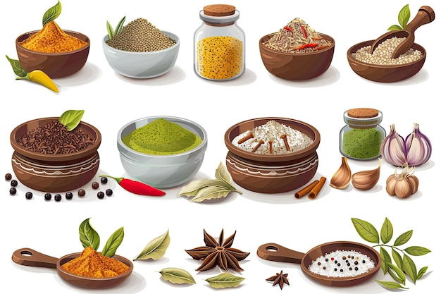 Photo vector set of diverse spices in traditional dishes