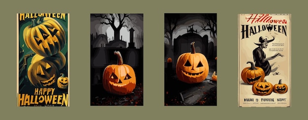 Vector set of four cartoon Halloween poster designs with Halloween symbols and calligraphy