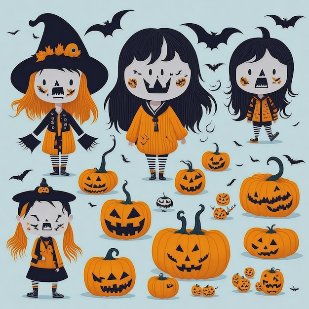 Vector set happy spooky cartoonish hippie style 60's illustration graphic kid ghost halloween