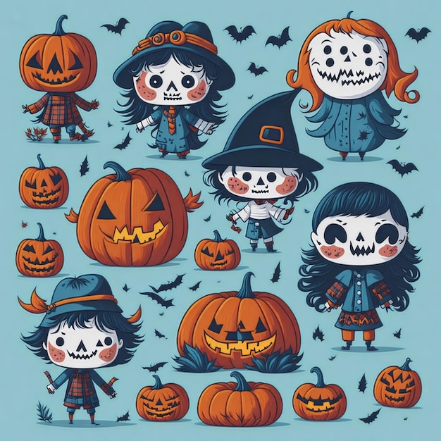 Vector set happy spooky cartoonish hippie style 60's illustration graphic kid ghost halloween