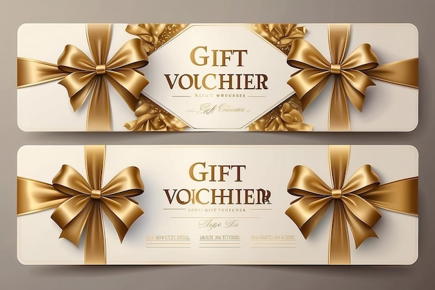 Photo vector set of luxury gift vouchers with golden ribbons bows and gift box elegant template for holi