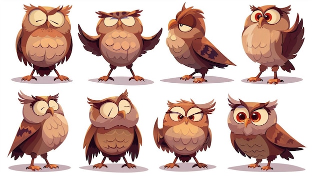 Photo vector set of owl animal characters animal owl character in standing pose and gesture with funny