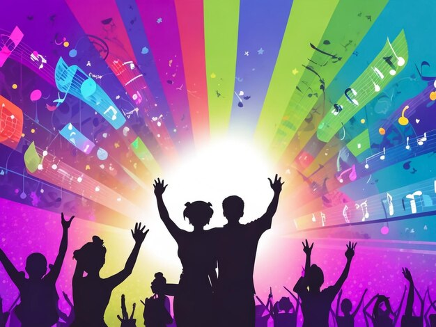 vector silhouette of an excited audience on a colourful music notes background