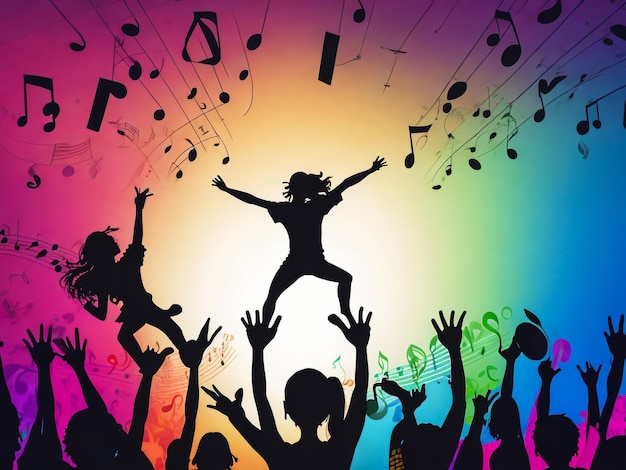 vector silhouette of an excited audience on a colourful music notes background