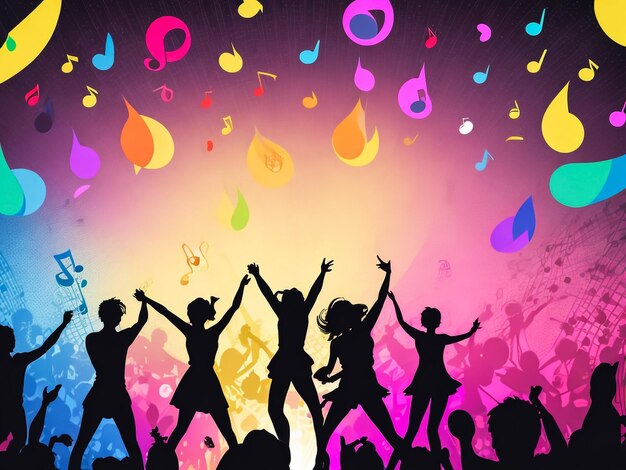 vector silhouette of an excited audience on a colourful music notes background