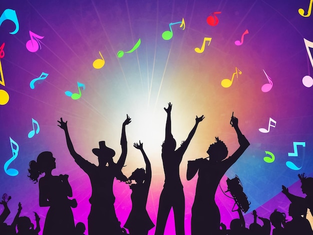 vector silhouette of an excited audience on a colourful music notes background